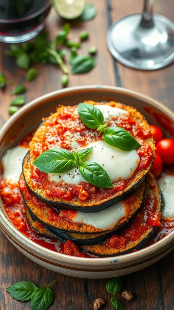 A hearty serving of vegan eggplant parmesan with breaded eggplant, marinara sauce, and cashew cheese, garnished with basil, on a wooden table.